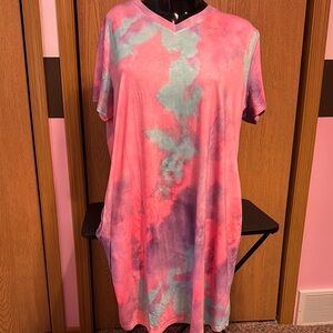 Glitzy Girlz Pink and Blue Tie-Dye V-Neck Dress